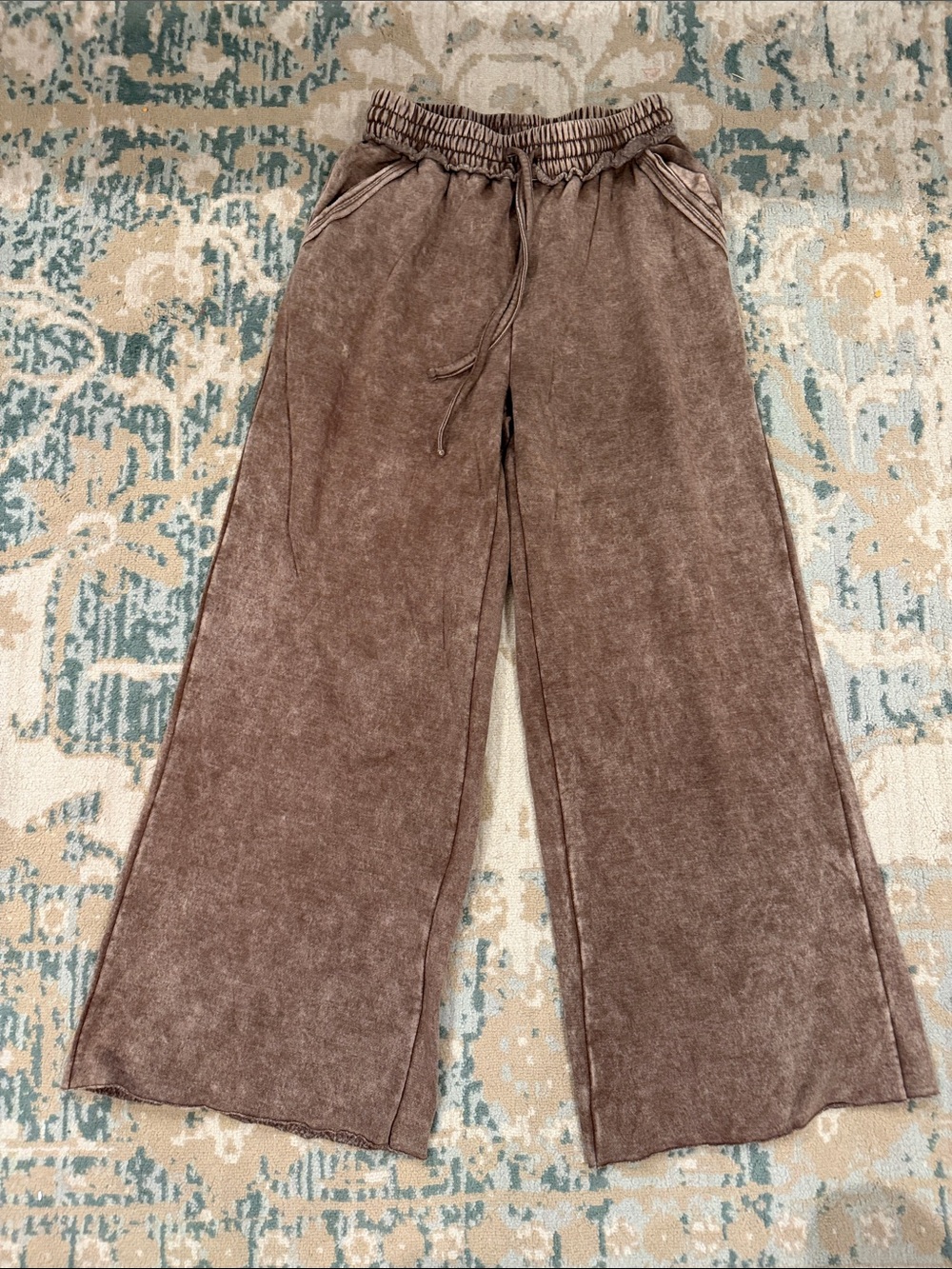 Zenana Outfitters Washed Brown Wide Leg Drawstring Pants